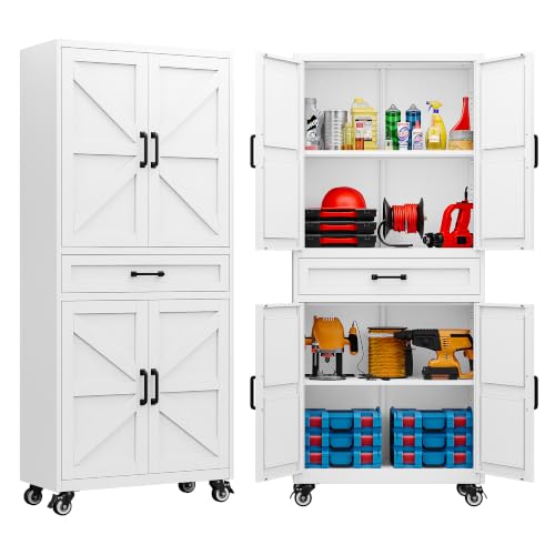 SISESOL White Metal Storage Cabinet with Wheels and Drawer,Rolling Garage Cabinet with Doors and Adjustable Shelves,73" Mobile Tall Large Metal Cabinets for Home,Office,Garage,Shop - color: White, size: 73"H