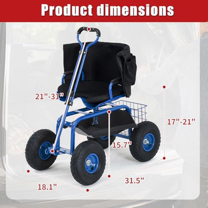 Rolling Garden Cart with Seat, Garden Workseat with 360-Degree Swivel - color: Blue+backrest