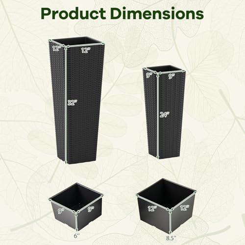 HAPPYGRILL Rattan Tall Planter Set of 2 with Removable Inner Trays - color: Black