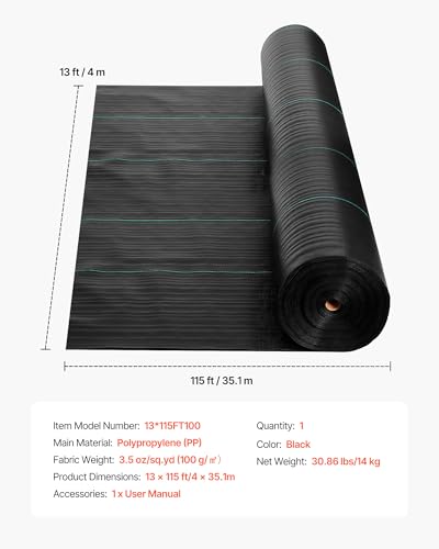 VEVOR 13x115FT 3.5oz Weed Barrier Fabric Heavy Duty, Landscape Fabric, Woven Weed Blocker Fabric, Garden Weed Fabric, Weed Control Fabric Ground Cover, Landscaping Cloth, Weed Mat, Black - size: 13FT*115FT-3.5oz