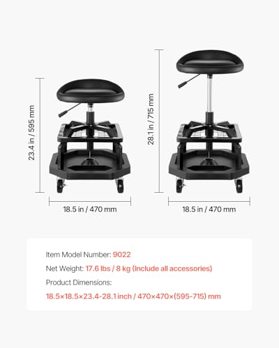 VEVOR Industrial Black Pneumatic Garage Seat/Work Stool with 300 lbs Capacity, Adjustable Height Roller Creeper Seat, 360 Swivel Padded Workshop Stool with Casters, for Garage, Shop & Auto Repair