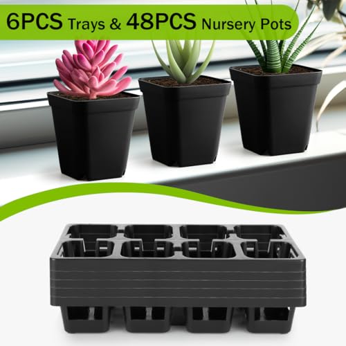 8 Cell Nursery Pots Trays 6 Pack (12" x 6"), 3 inch Square Plastic Nursery Pots 48 Pcs, Durable Carrying Seed Starter Tray, Planting Trays for Holding Small Seedling Pots with Drain Holes (Black) - color: Black, size: 48 Pots + 6 Trays
