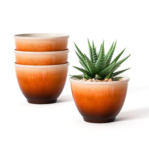 8 Inch Plant Pots, Glazed Plastic Indoor Planters with Drainage, 4 Pack - color: Orange