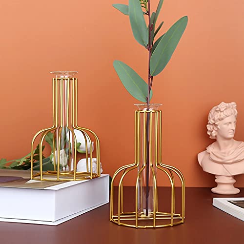 2 Pack IvyMei Luxurious Nordic Gold Table Vase Metal Frame Glass Tube - color: Gold 8