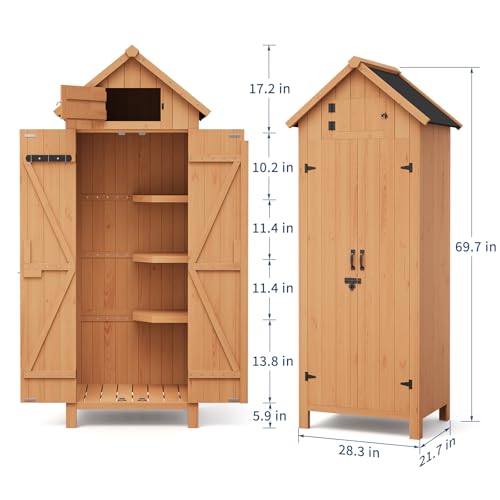 Outdoor Storage Cabinet, 70in Wooden Vertical Garden Tools Shed, Waterproof, Lockable Doors, 3 Adjustable Shelves, Multi-Wall Garden Organizer for Yard Deck Lawn Farmland Equipment