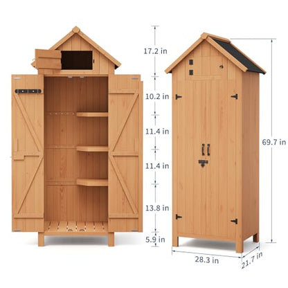 Outdoor Storage Cabinet, 70in Wooden Vertical Garden Tools Shed, Waterproof, Lockable Doors, 3 Adjustable Shelves, Multi-Wall Garden Organizer for Yard Deck Lawn Farmland Equipment