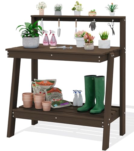 SERWALL 3-Tier Outdoor Potting Bench with Storage,Gardening Table,Coffee - color: Coffee, size: Sleek
