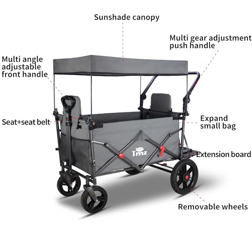 TMZ Collapsible Wagon with 2 Foldable Seats, Folding Cart with Removable Canopy, Heavy Duty Wagon 265LBS Load Capacity for Camping Garden Shopping (Grey) - color: Gray