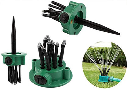 360° Rotating Garden Sprinkler – Automatic Multi-Arm Lawn Watering System with Adjustable Nozzles – Outdoor Irrigation Sprayer for Yard, Grass, Garden, Green