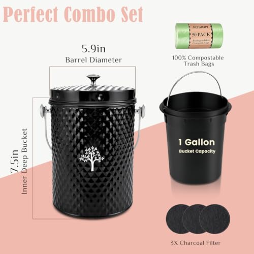 AOSION Countertop Compost Bin, Odor-Free Food Waste Container with 50 Bags - color: Black