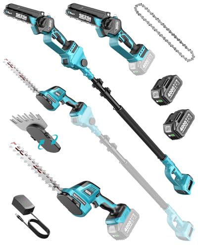 SEESII 6-in-1 Cordless Pole Saw & Hedge Trimmer Combo, Brushless Motor - color: Blue