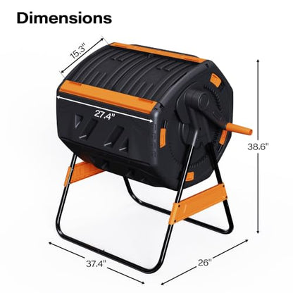 LAUSAINT HOME Dual Chamber Compost Tumbler, 52 Gallon Outdoor Rotating Composter with Sliding Doors for Garden Waste, Kitchen Scraps & Yard Debris, Black and Orange - size: 52 gallon