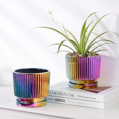 STHIE Purple Gold Ceramic Planters,Plant Pots with Drainage Holes Set of 2 - color: 01-brightly Black