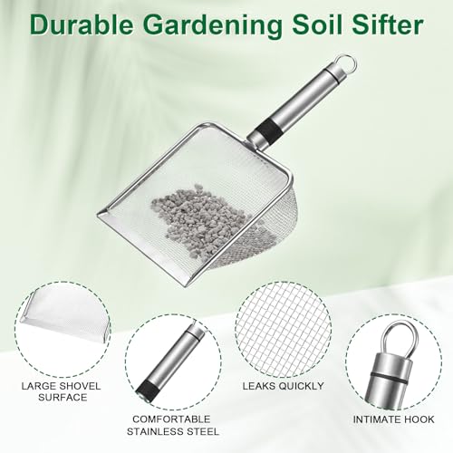 M METERXITY 1-Pack Gardening Soil Sifter, 2 mm Mesh Stainless Steel Sand Soil Compost Sieve with Stainless Steel Handle for Sand/Dirt/Rock Compost, Screen Potting Scoop [Silver Tone] - size: 2 mm