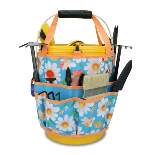 KUNN 5 Gallon Bucket Organizer 18-Pocket Tool Bag with Hangable Handle | Heavy-Duty Garden Caddy & Bucket Accessory for Gardening Tools, Orange - color: Sunny Daisy