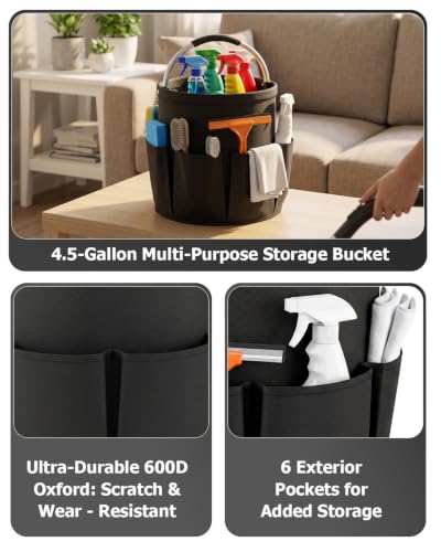 4.5 Gallon Collapsible Cleaning Caddy with Comfort Handle & 6 Pockets - color: Black