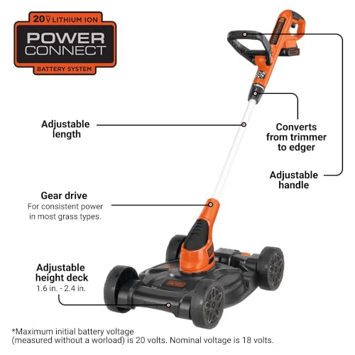 BLACK+DECKER Weed Eater, Lawn Edger and Cordless Lawn Mower 3 in 1 Combo, Includes (2) Batteries, Charger, 12 Inch Battery Powered String Trimmer and Lawnmower, Adjustable Length and Height (MTC220)