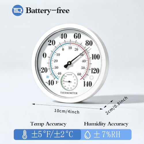 10" Indoor Outdoor Thermometer Hygrometer, Weatherproof Gauge (White) - color: White