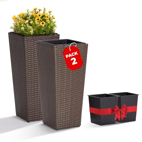 IDZO Wicker Planters, 24-Inch Tall Square Rattan Flower Pots, Mocha, 2PCS - color: Mocha Square, style: No Assembly Required