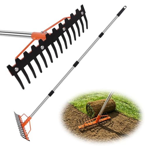 Bow Rake 60-Inch Adjustable Handle Metal Rake 14 Steel Tines Dual-Sided Garden Rake for Soil Loosening Leveling Leaves Gathering Thatch Removal Gravel Rock Landscape Yard Care