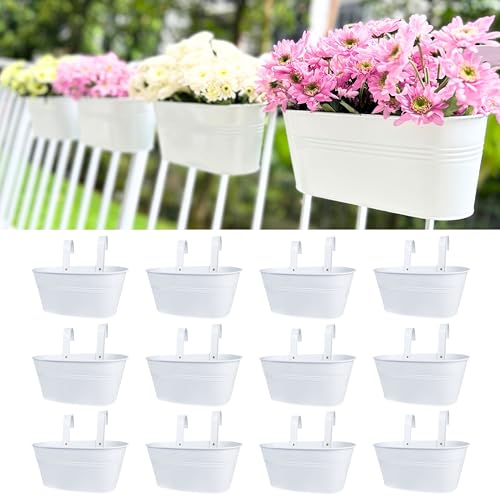 LaLaGreen Large Rail Planter (11.8 in, 12 Pack) White Metal Deck Pots - size: 11.8" (30 cm) x 12 Pack