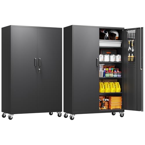 Yizosh Metal Garage Storage Cabinet with Locking Doors and Adjustable Shelves,- 71" Rolling Steel Tool Cabinet for Home Office,Garage,Warehouse - color: Black, size: 71"H x 43"W x 20"D (5 Shelves)
