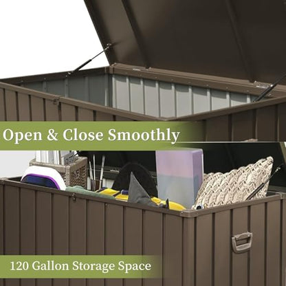 120 Gallon Waterproof Metal Outdoor Storage Box, Lockable Deck Bin, Brown - color: Dark Brown-D