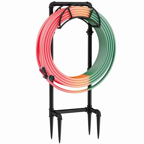 LAND·VOI Freestanding Garden Water Hose Storage Holder Stand for Outside, 160-Ft Hose Heavy Duty Metal Hanger Reel Organizer Outdoor Yard Lawn, Standing Keeper Rack with Ground Stake, Black GHH02B - size: 4 Spikes