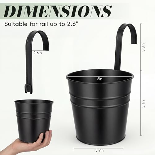 HowRU Hanging Flower Pots, Railing Planter Box for Outdoor Plants 12 Pack 5 Inch Metal Hanging Planters with Detachable Hooks Balcony Window Fence Garden Decoration Flower Boxes (Black) - color: Black(5in)