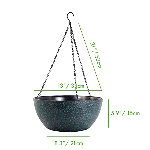 WOUSIWER 13 inch 2 Pack Large Hanging Planters for Indoor Outdoor Plants with Drainage Holes and Chain, Round Hanging Flower Pots for Garden Home Porch Decor, Black with Green Speckles - color: Black With Green Speckles