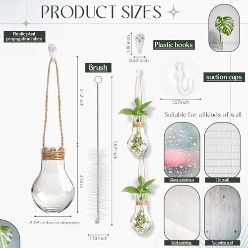 Baderke 12 Sets 3.15" Plastic Window Propagation Stations Hanging Propagation Vases Plant Test Tubes with Suction Cup & Traceless Nail & Brush Clear Wall Jars for Office Home Garden Decor Lover Gift - size: 3.15" H x 2.09" W