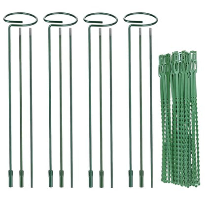 Huakaile 4 Packs Adjustable 35.4" Plant Stakes and Supports with 30 Pieces 9" Twist Ties, Green Plant Holder Stick Outdoor Indoor, Metal Flower Support Stakes Rings for Gardens Vegetables (90 cm) - size: 90 cm
