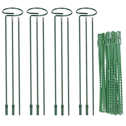 Huakaile 4 Packs Adjustable 35.4" Plant Stakes and Supports with 30 Pieces 9" Twist Ties, Green Plant Holder Stick Outdoor Indoor, Metal Flower Support Stakes Rings for Gardens Vegetables (90 cm) - size: 90 cm