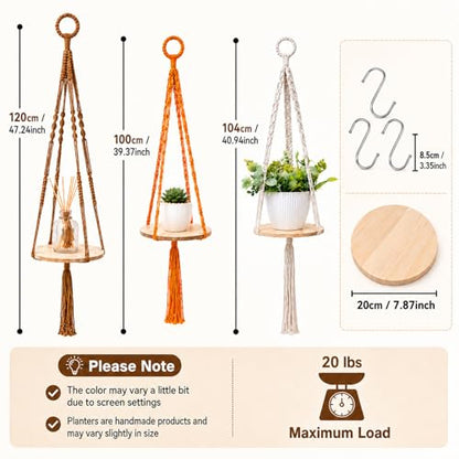 Macrame Hanging Planter with Shelf, Boho Plant Hanger for Indoor Window - color: Beige + Khaki + Orange