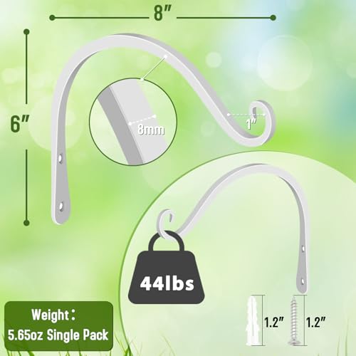 Feed Garden Iron Wall Hooks,8 Inches Decorative Bracket Metal Curved Plant Hanger Hooks, Indoor/Outdoor Use for Hanging Bird Feeders, Wind Chimes,Flower Baskets,Yoga Mat,White,2 Pack - color: White, size: 8 Inch
