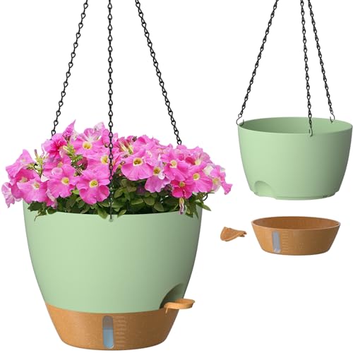 ZMTECH 12 Inch Hanging Planters for Indoor Outdoor Plants, 2 Pack Self Watering Hanging Plant Pots with Drainage Hole, Visual Reservoir, Plastic Flower Hanging Pots with Watering Lip (Green) - color: Green, size: 12 Inch - 2 pack