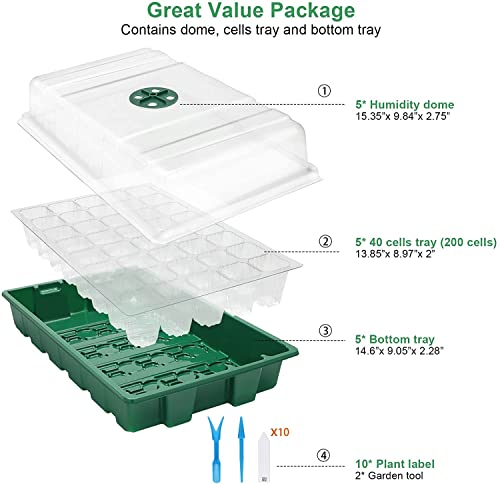 MIXC 5 Pack Seed Starter Tray, 200Cell Mini Propagator Greenhouse Grow Kit - color: Green, size: 40-Cell 5-Pack