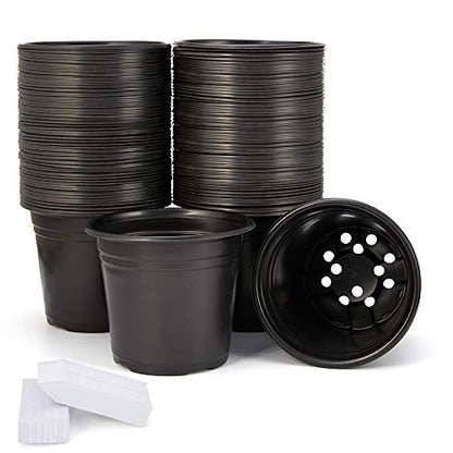 JERIA 100-Pack 0.5 Gallon Plant Nursery Pots, Plastic Pots for Flower Seedling, Flower Plant Container Seed Starting Pot, Come with 100 Pcs Plant Labels(Black) - size: 0.5Gallon 100P