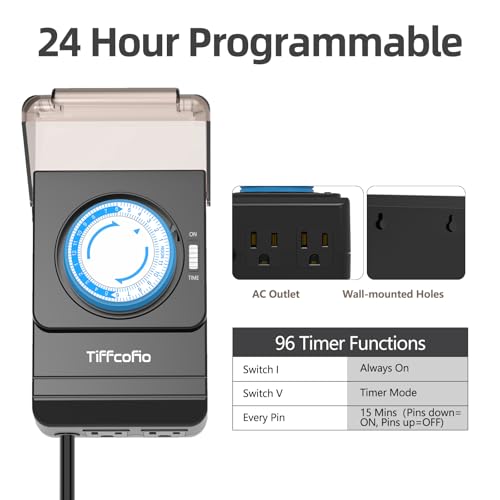TiFFCOFiO Outdoor Heavy Duty Mechanical Timer Outlet Waterproof, 15 Minutes Intervals, 24 Hour Outdoor Pool Pump Timer with 2FT Cord, 2 Grounded Outlets for Outdoor Lights, 15A/1875W