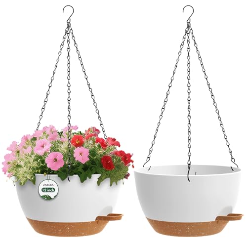 2 Pack 12 Hanging Flower Pots with Chains Self Watering Plastic Planters for Indoor Outdoor Plants, Sturdy Triangular Iron Chain Design for Garden PorchPlastic hanging flower pots (2, White-brown) - color: White-brown
