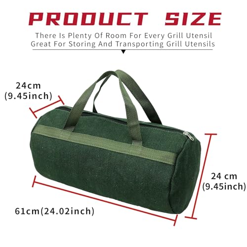 Grill Accessory Storage Bag, 24"" Extra Thick Canvas Grill Utensil Storage Bag, Double Zipper Grill Tool Storage Bag, BBQ Tool Storage Bag Carry Bag for Camping Hiking Barbecue, Dark Green