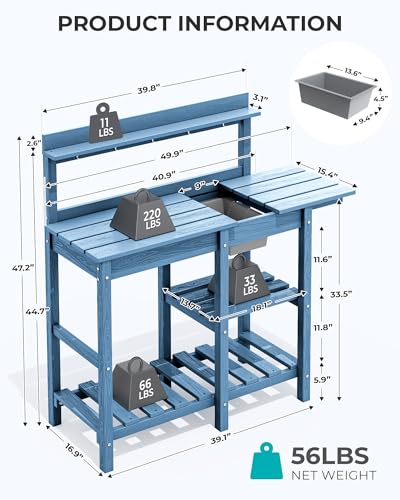 SERWALL Outdoor Potting Bench with Removable Sink,Gardening Table,Blue - color: Blue, size: Classic