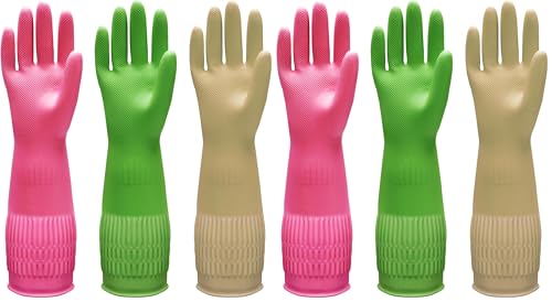 Bamllum 3 Pairs of Rubber Dishwashing Gloves for Kitchen and Household Cleaning – Long Cuff 15", Reusable, Flexible Long-lasting and Non-Slip (Red+Yellow+Green, X-Large) (Pack of 2) - size: XL(Best for Large Hands) (Pack of 2)