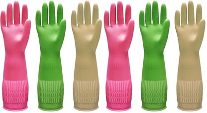 Bamllum 3 Pairs of Rubber Dishwashing Gloves for Kitchen and Household Cleaning – Long Cuff 15", Reusable, Flexible Long-lasting and Non-Slip (Red+Yellow+Green, X-Large) (Pack of 2) - size: XL(Best for Large Hands) (Pack of 2)