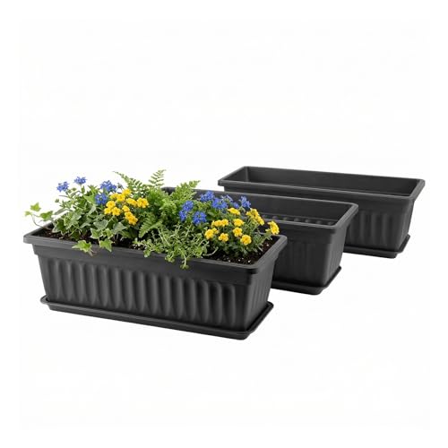 GREANER Rectangle Planters for Indoor Plants, 3 Pack Long Outdoor Plastic Flower Boxes Vegetable Growing Pots 16.9x7.48 Inch with Tray for Garden Balcony Windowsill House DIY - Black - color: Black, size: 3pcs/16.9x7.48in