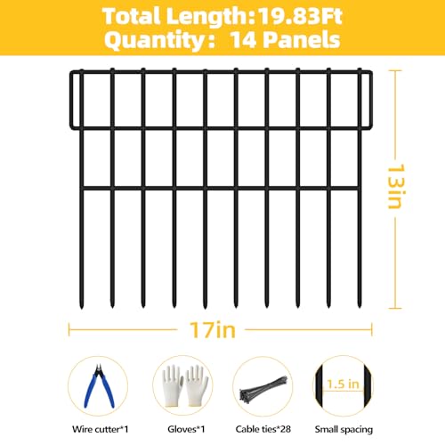 ULIOK 14 Panels Garden Fence Animal Barrier, Animal Barrier Fences No Dig Fence, 19.83ft(L) x 13in(H) Dog Fencing Rabbit Fences, 1.5in Spike Spacing Rustproof Metal Fences Border for Outdoor Yard - size: 14 Panels-19.83ft(L)x13in(H)