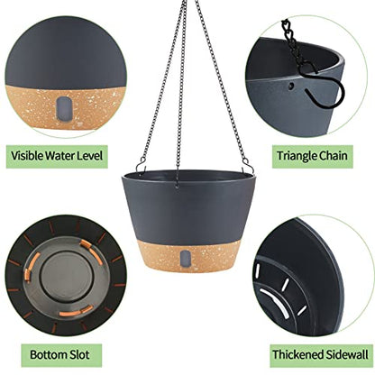2 Pack Hanging Planters for Indoor Outdoor Plants, 10 Inch Hanging Flower Pot Basket with Drainage Hole with Removable Tray&Hooks Self Watering Plant Pot for Hanging Plants, Dark Grey