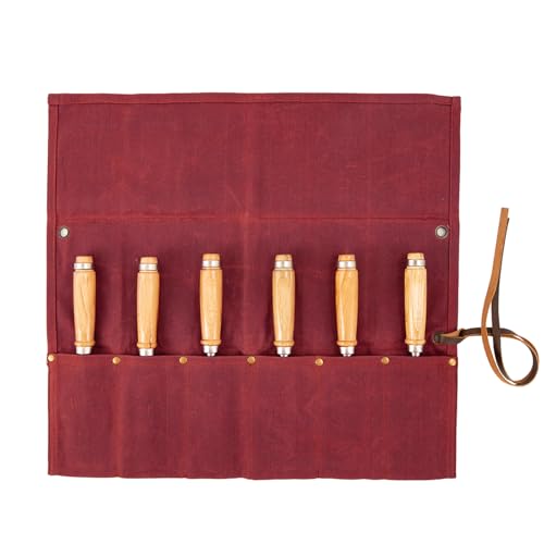 Chisel Roll, 6 Pockets Roll Up Tool Pouch, Waxed Canvas Small Tool Roll - color: Red