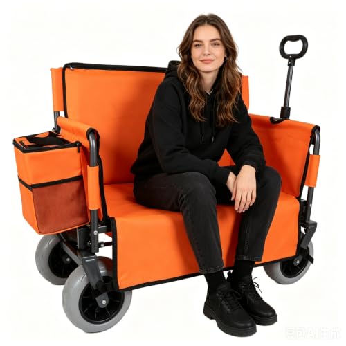 Foldable Beach Wagon - Heavy-Duty Wagon Cart with Bench Seat, Wheels & Storage 1 Ice Pack, All-Terrain Portable Utility Outdoor Grocery Cart 500lb Capacity for Sports Lounge Camping Orange - color: Orange, size: 9"