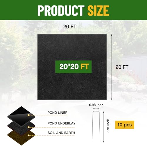 Fanfanwin 20 x 20 ft Pond Liner Underlayment with 10 U-pins, 6oz, Black - color: Black, size: 20 x 20 Feet X 6 oz, style: Square